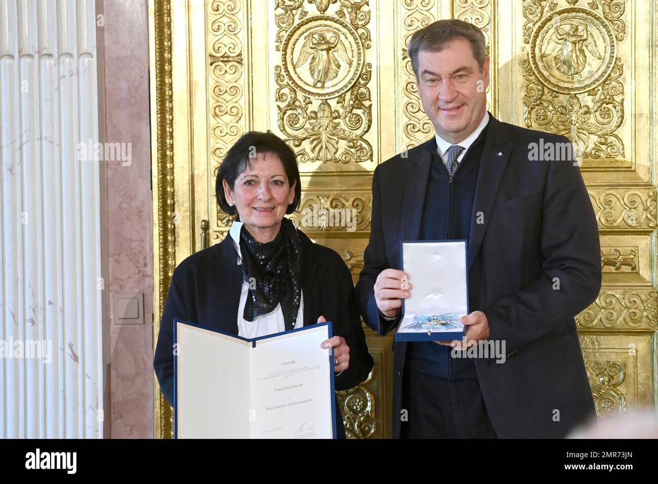 Julia SEICHE with Markus SOEDER (Prime Minister of Bavaria and CSU Chairman). Awarding of the Bavarian Order of Merit in the Prince Carl Palais on January 31, 2023. ? Stock Photo