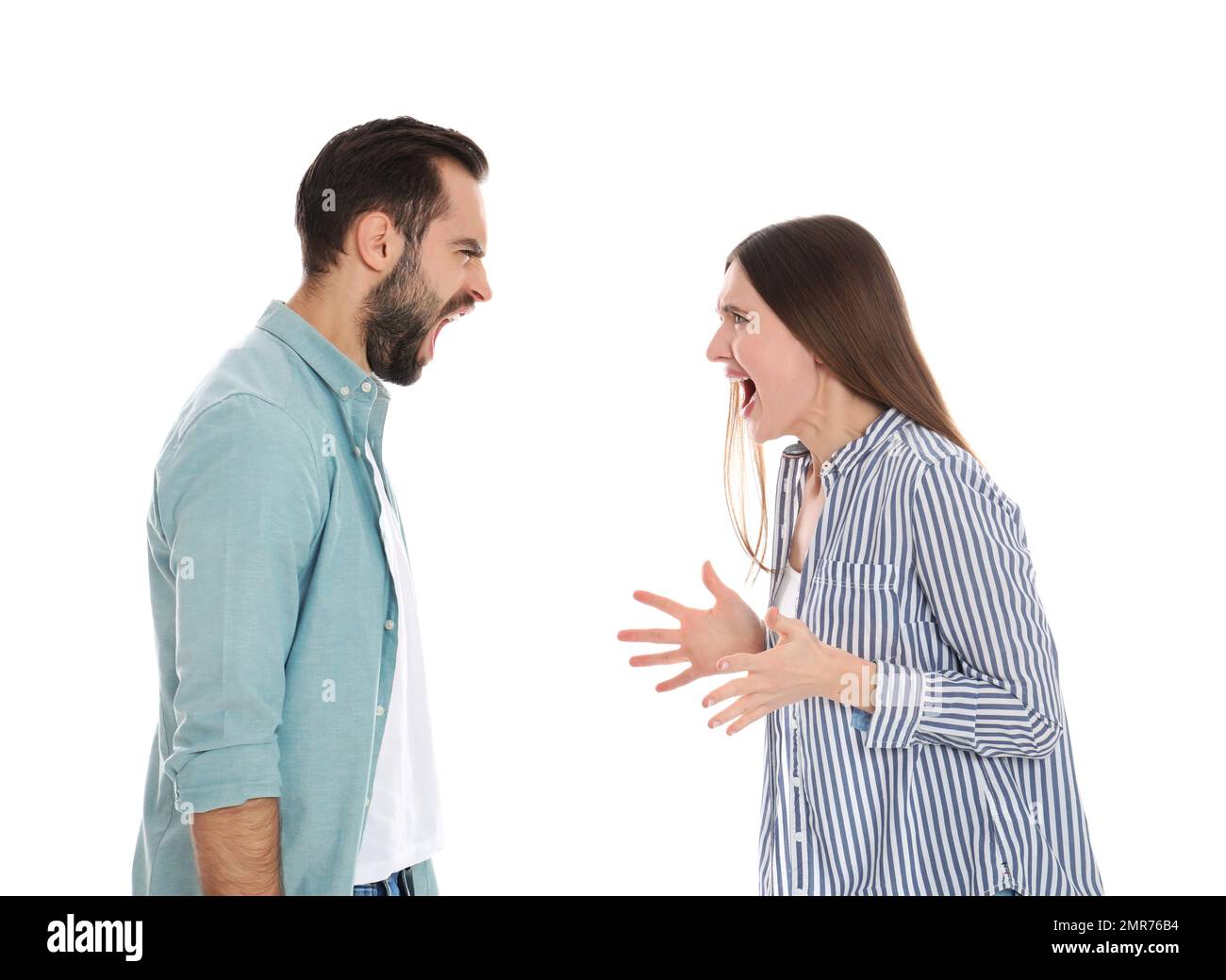 Couple quarreling on white background. Relationship problems Stock Photo