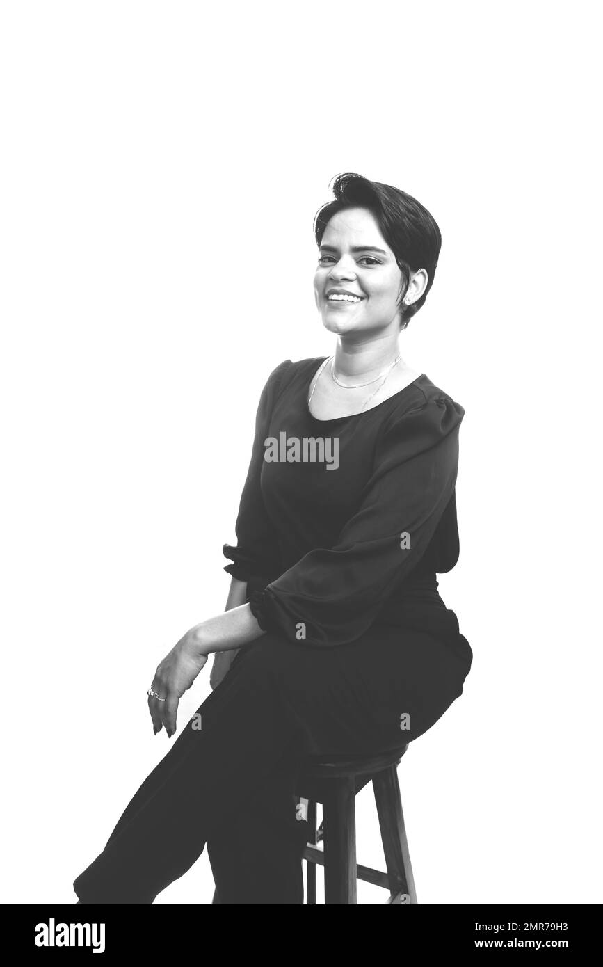 Black and white portrait of beautiful business woman. Isolated against ...