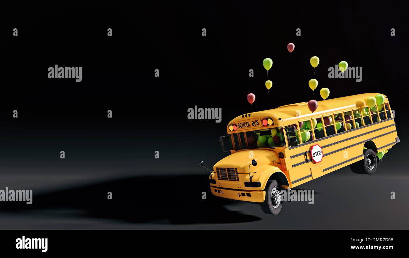 A playful school bus full of balloons ready for the start of the school year, ready for school and back to school concept, black background, 3d illust Stock Photo