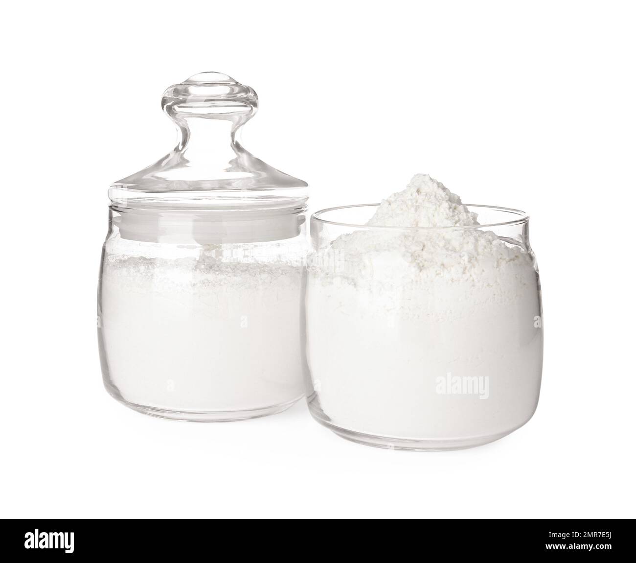 Organic flour in glass jars isolated on white Stock Photo Alamy