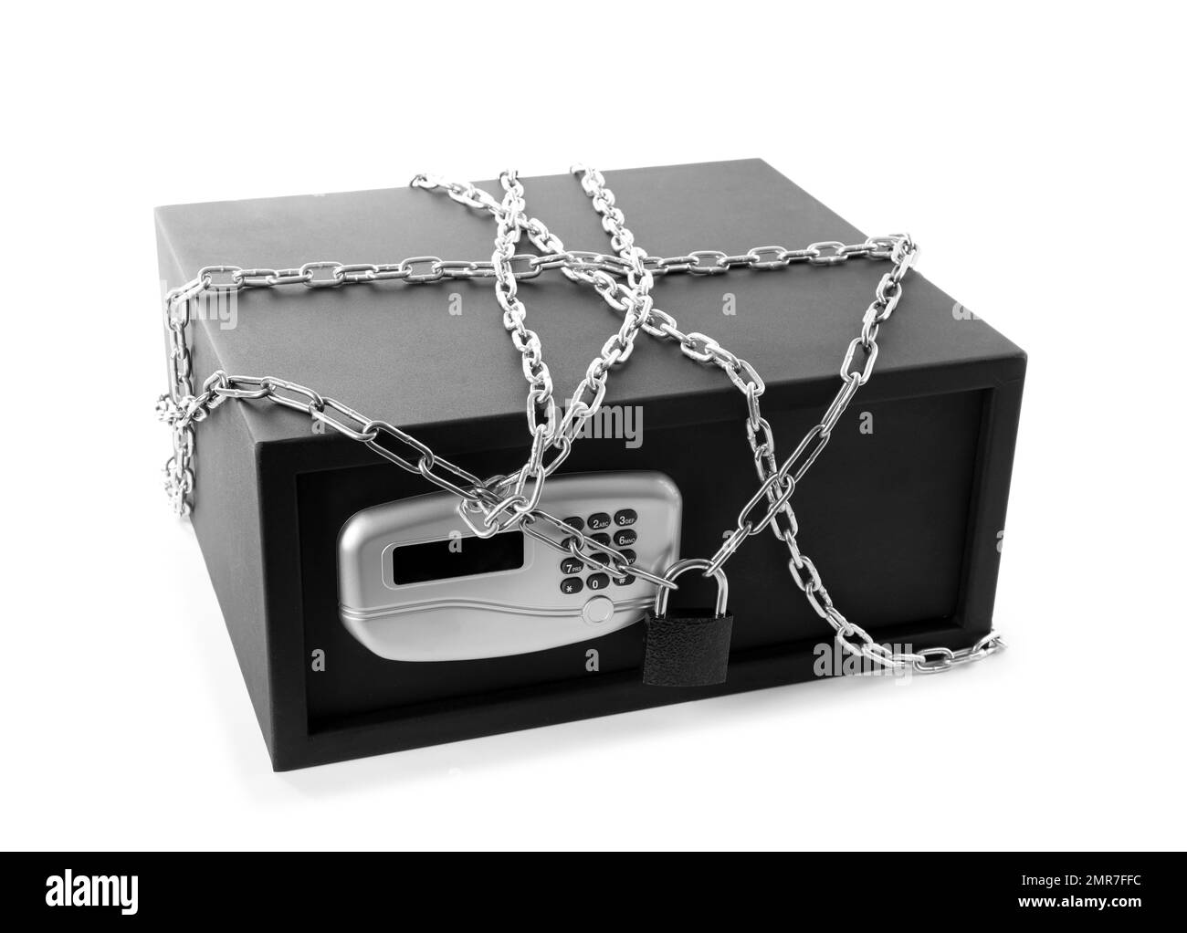 Black steel safe with chain and padlock isolated on white Stock Photo ...