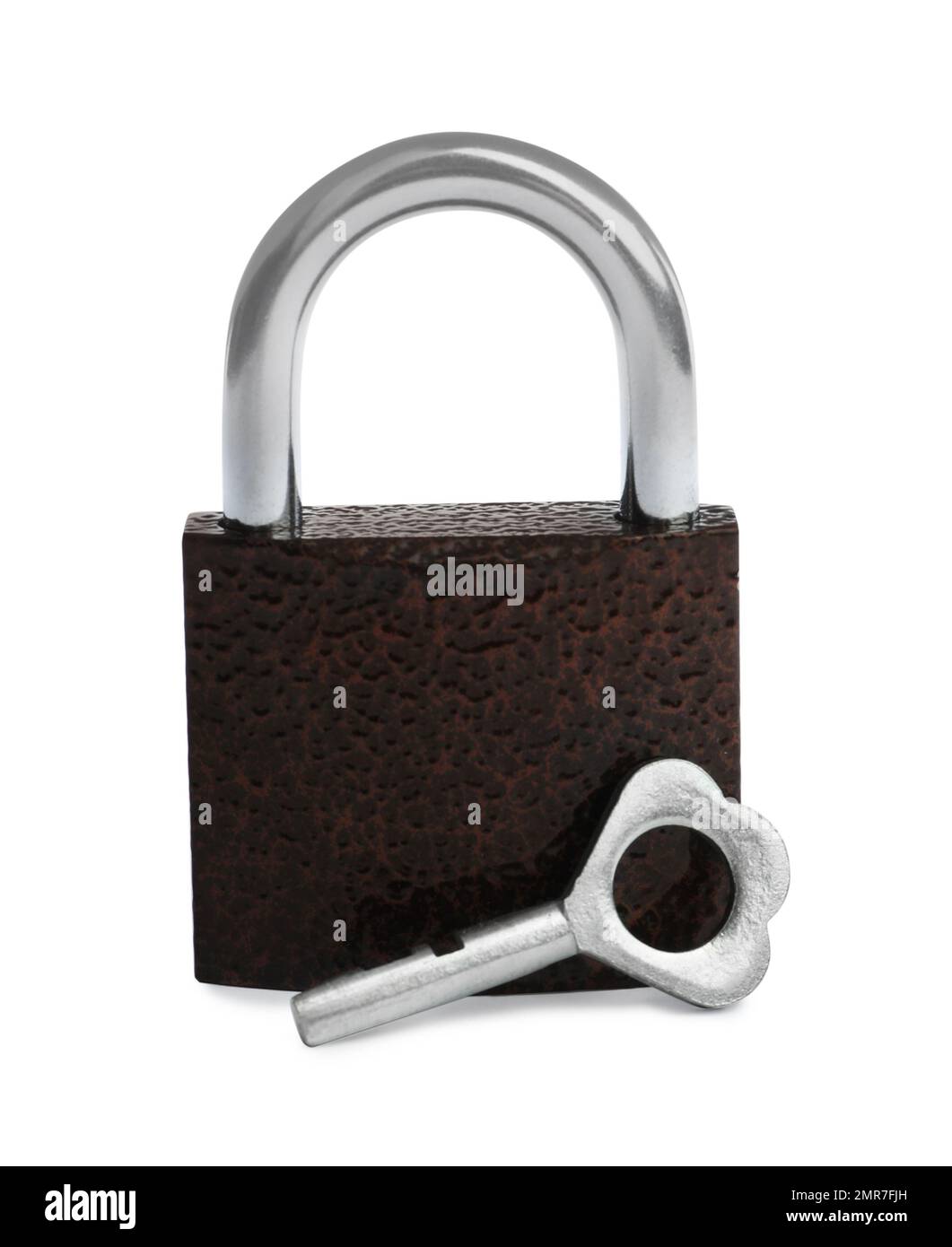 Steel padlock and key isolated on white. Safety concept Stock Photo - Alamy