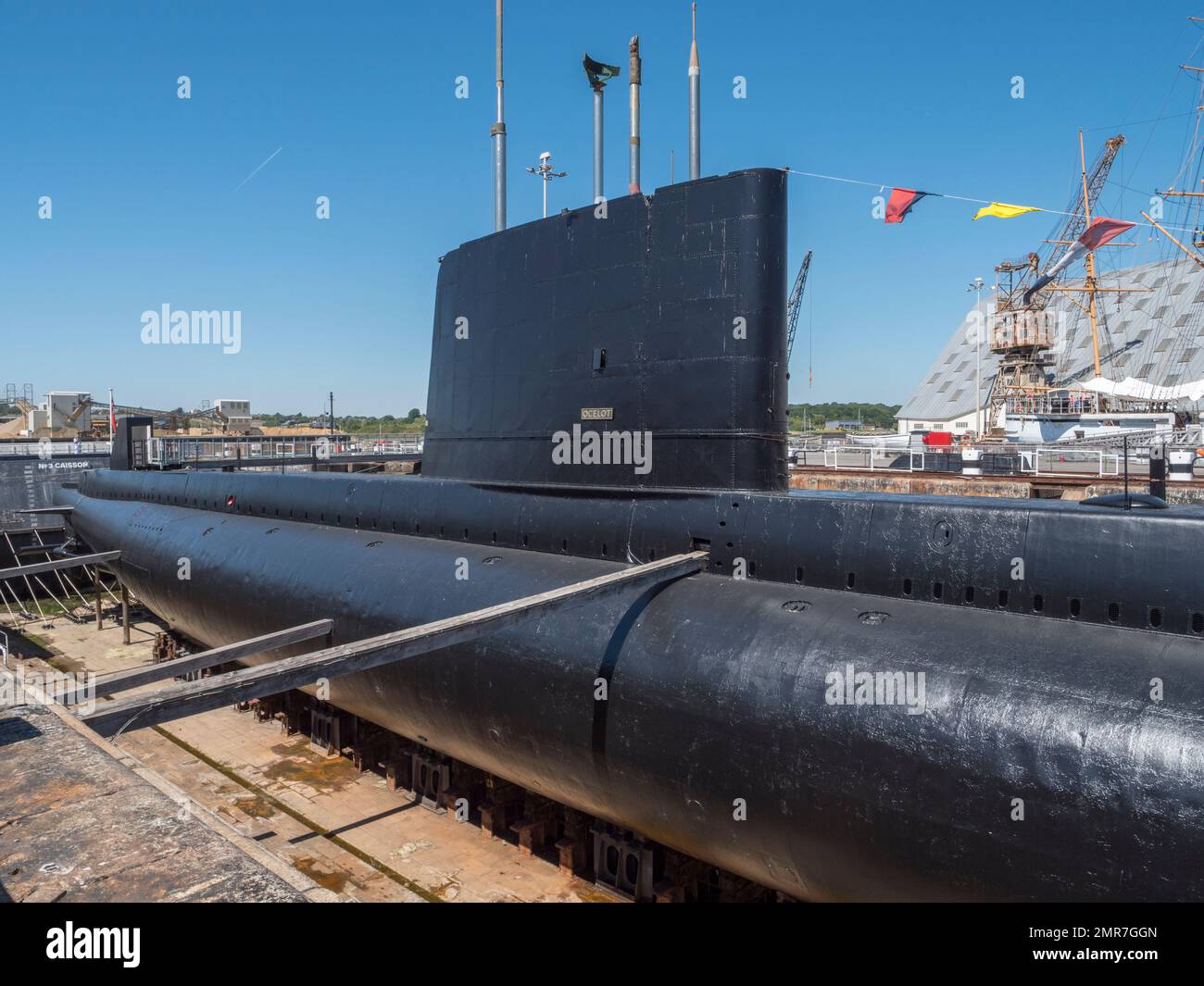 Exterior view of the submarine HMS Ocelot in the Historic Dockyard Chatham, Kent, UK. Stock Photo