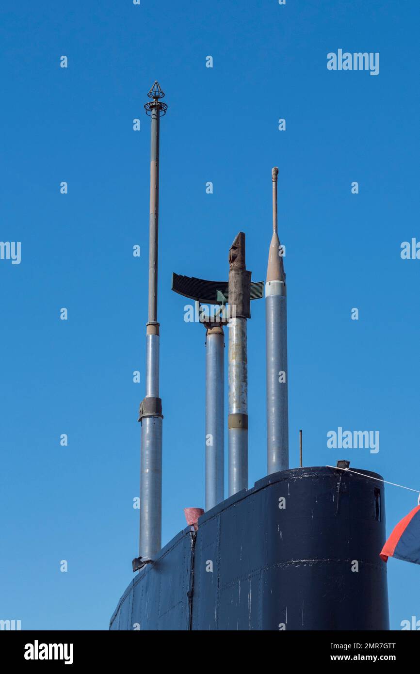 View of the periscopes/masks(*) on top of the conning tower of the submarine HMS Ocelot in the Historic Dockyard Chatham, Kent, UK. Stock Photo