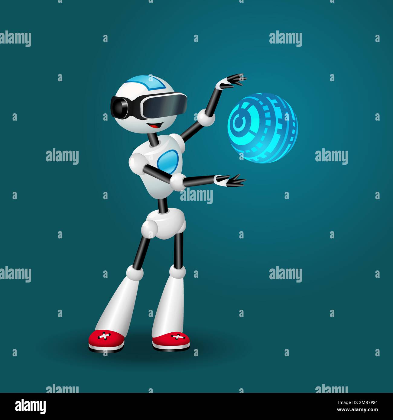 Robot with VR headset and abstract spherical HUD  Stock Vector