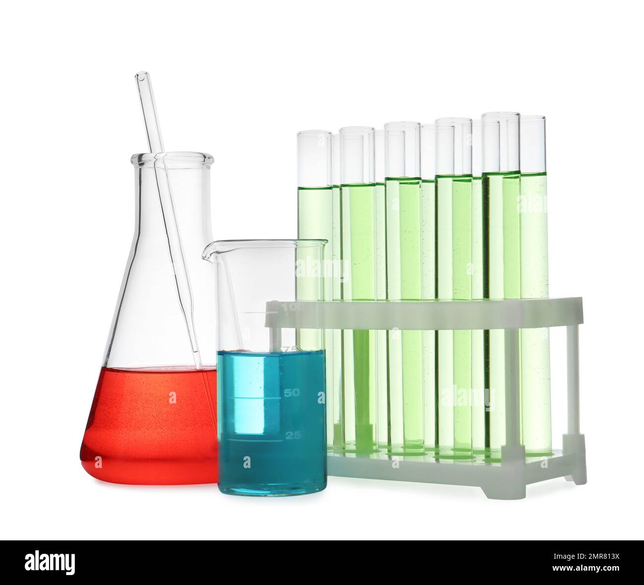 Different laboratory glassware with color liquid isolated on white