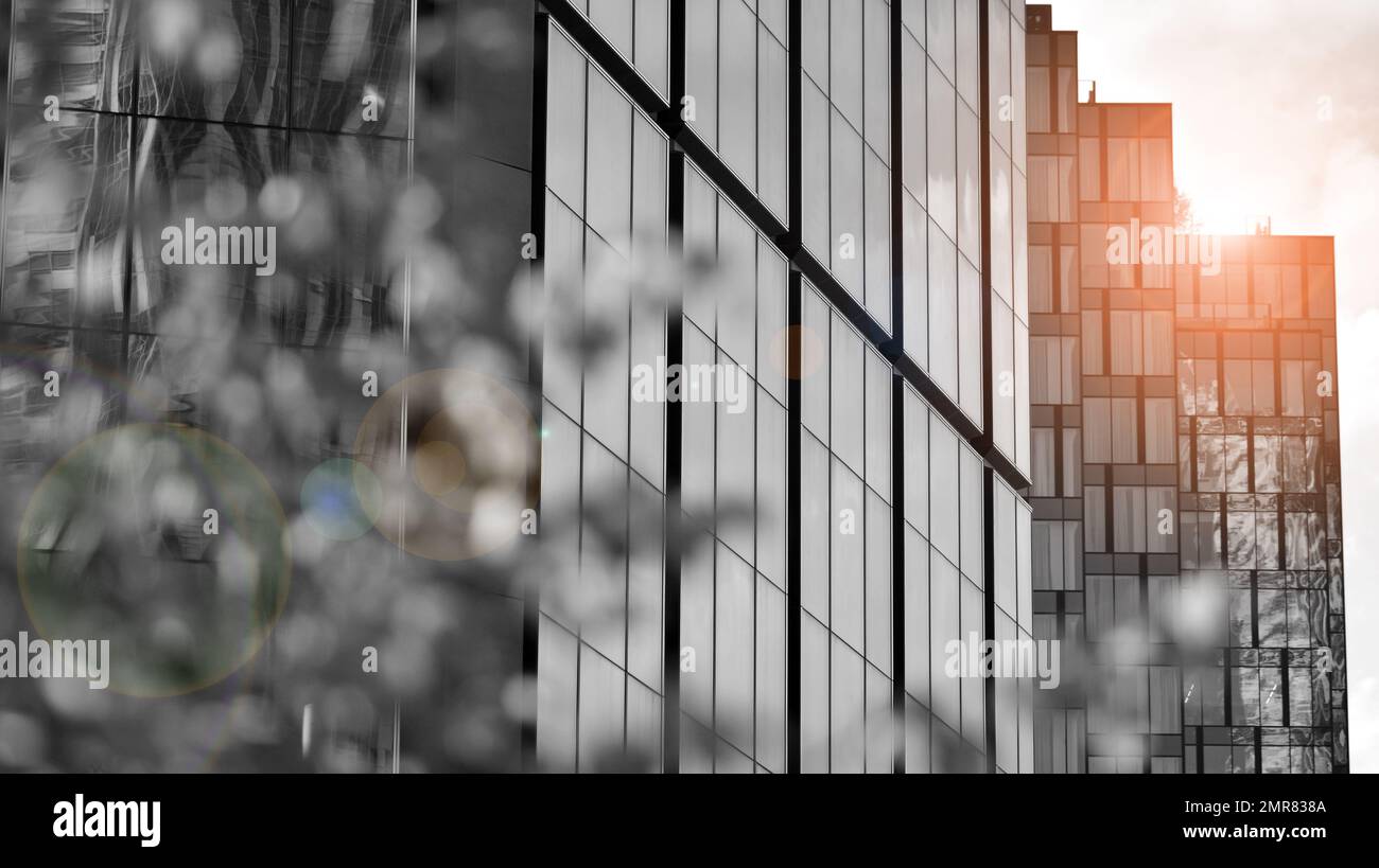 Abstract closeup of the glass-clad facade of a modern building covered ...
