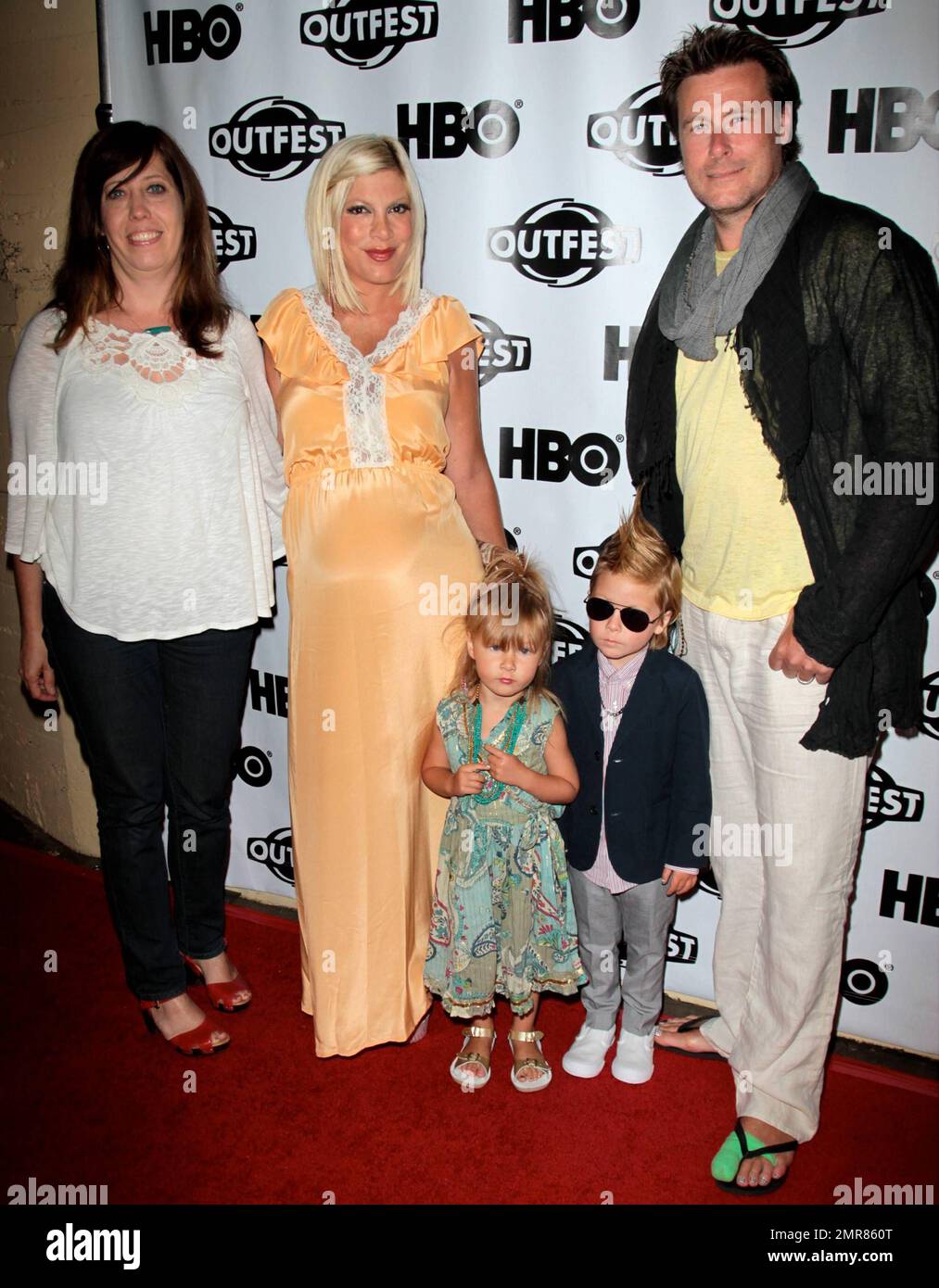 Outfest executive director Kirsten Schaffer with actress Tori Spelling