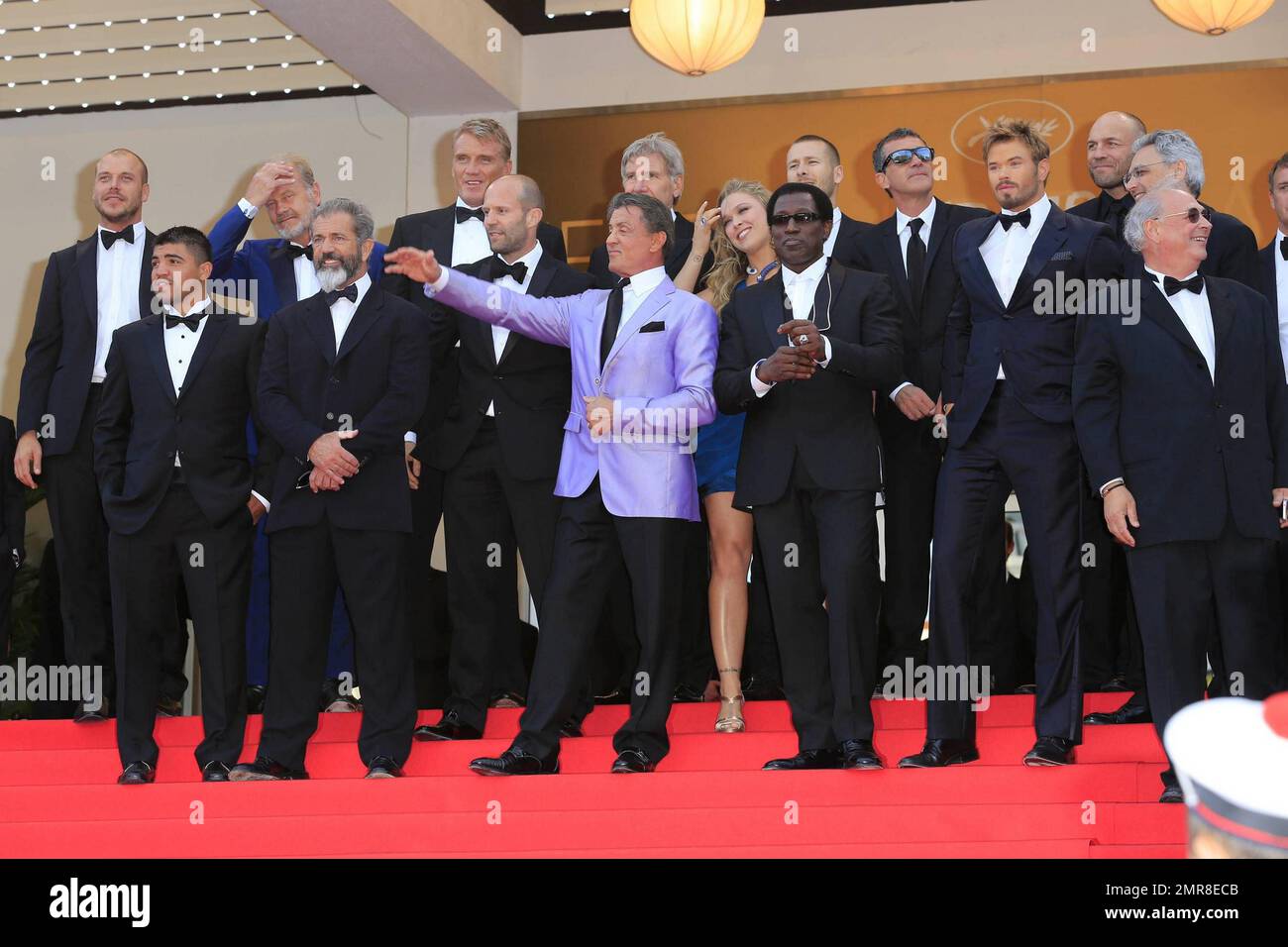 Dolph Lundgren, Victor Ortiz, Kelsey Grammer, Harrison Ford, director Patrick Hughes, Antonio Banderas, Mel Gibson, Jason Statham, Sylvester Stallone, Ronda Rousey, Wesley Snipes and Kellan Lutz at the “The Homesman” Premiere held at the Palais des Festivals during the 67th Annual Cannes Film Festival in Cannes, France. 18th May 2014. Stock Photo
