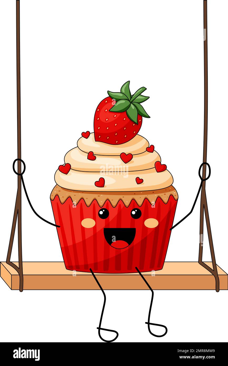 Happy strawberry cupcake riding on a swing Stock Vector