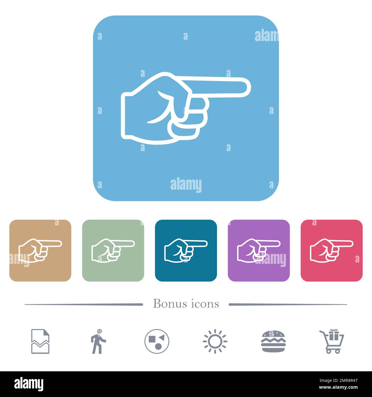 Right pointing hand outline white flat icons on color rounded square ...