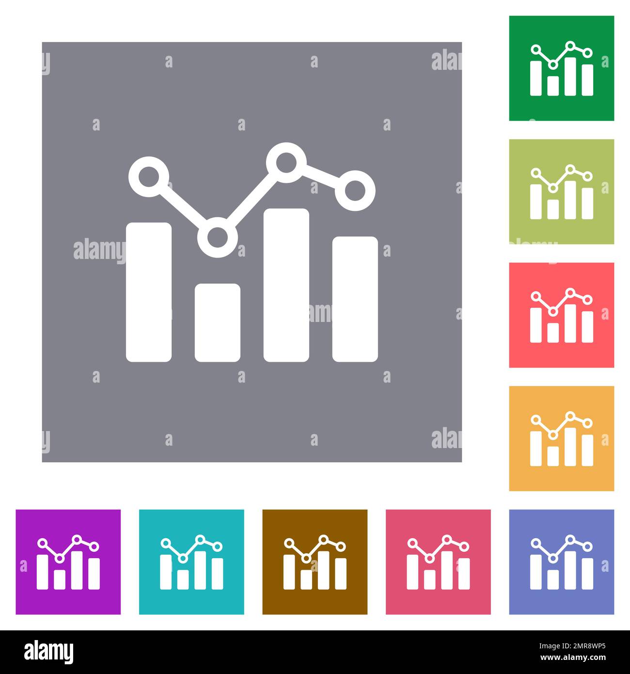 Bar graph with circles and lines flat icons on simple color square ...