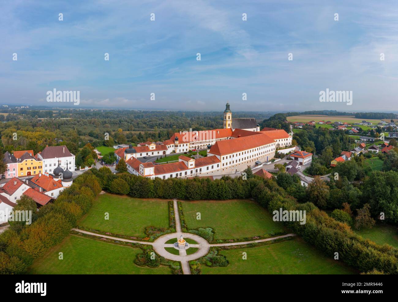 Drone photo, Augustinian Canons' Monastery Reichersberg, Reichersberg, Innviertel, Upper Austria, Austria, Europe Stock Photo
