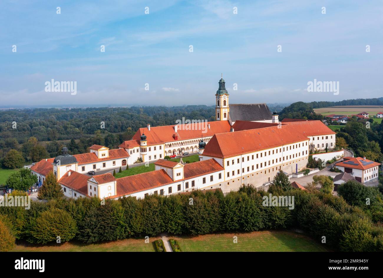 Drone photo, Augustinian Canons' Monastery Reichersberg, Reichersberg, Innviertel, Upper Austria, Austria, Europe Stock Photo