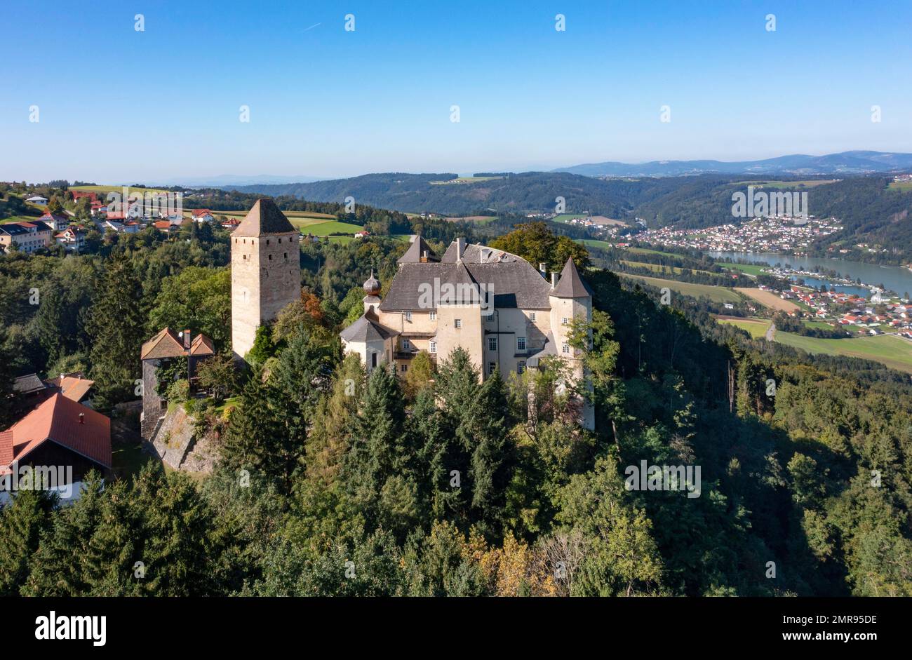 Drone shot, Vichtenstein Castle with view into the Danube valley, Vichtenstein, Sauwald, Innviertel, Upper Austria, Austria, Europe Stock Photo