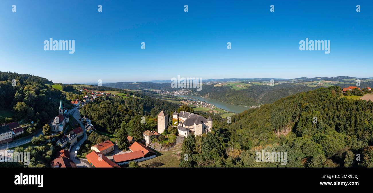 Drone shot, Vichtenstein Castle with view into the Danube valley, Vichtenstein, Sauwald, Innviertel, Upper Austria, Austria, Europe Stock Photo