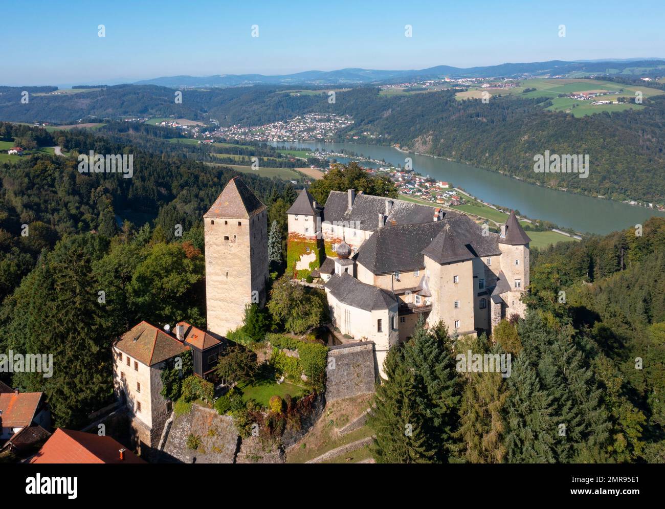 Drone shot, Vichtenstein Castle with view into the Danube valley, Vichtenstein, Sauwald, Innviertel, Upper Austria, Austria, Europe Stock Photo