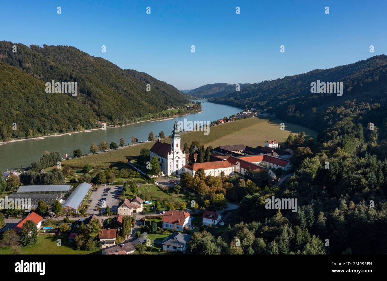 Drone shot, Danube, Danube valley, Engelszell Abbey, Trappist monastery, Engelhartszell, Innviertel, Upper Austria Stock Photo