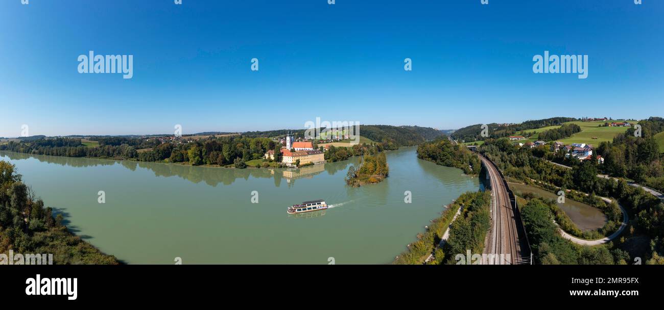 Drone shot, view from the Austrian side of the Inn to the monastery Vornbach with excursion boat, Neuhaus am Inn, Bäderdreieck, Lower Bavaria, Bavaria Stock Photo