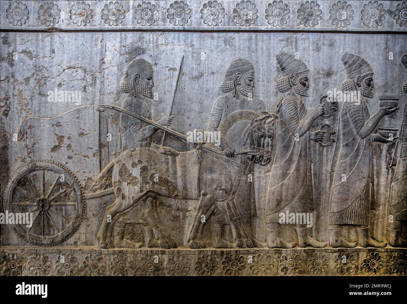 Relief detail of the delegation of nations bringing gifts to Darius on the steps of Apadana Palace, Persepolis, Persepolis, Iran, Asia Stock Photo