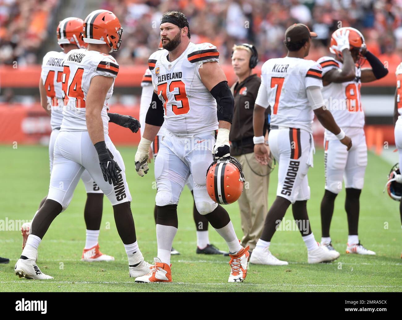 Cleveland Browns offensive tackle Joe Thomas (73) walks on the field during  an NFL football game