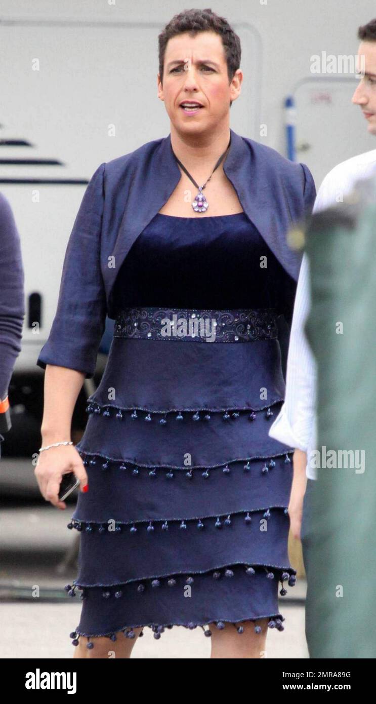 EXCLUSIVE!! Actor Adam Sandler walks around on set in costume, consisting  of a shapely purple dress, heels and makeup, on the set of "Jack and Jill",  co-starring Katie Holmes and Al Pacino.