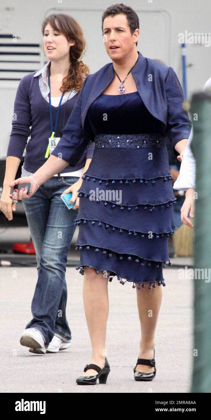 EXCLUSIVE!! Actor Adam Sandler walks around on set in costume, consisting  of a shapely purple dress, heels and makeup, on the set of "Jack and Jill",  co-starring Katie Holmes and Al Pacino.