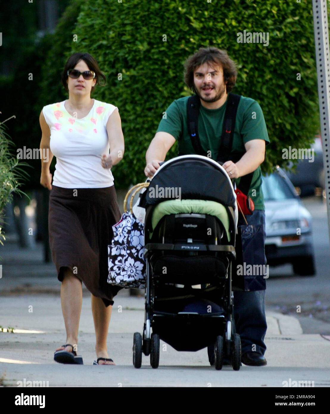 Exclusive!! Jack Black plays Mr Mom as he and wife Tanya take 2 month old son Samuel Jason for a stroll around the neighbourhood in Beverly Hills, Ca, 8/5/06 Stock Photo