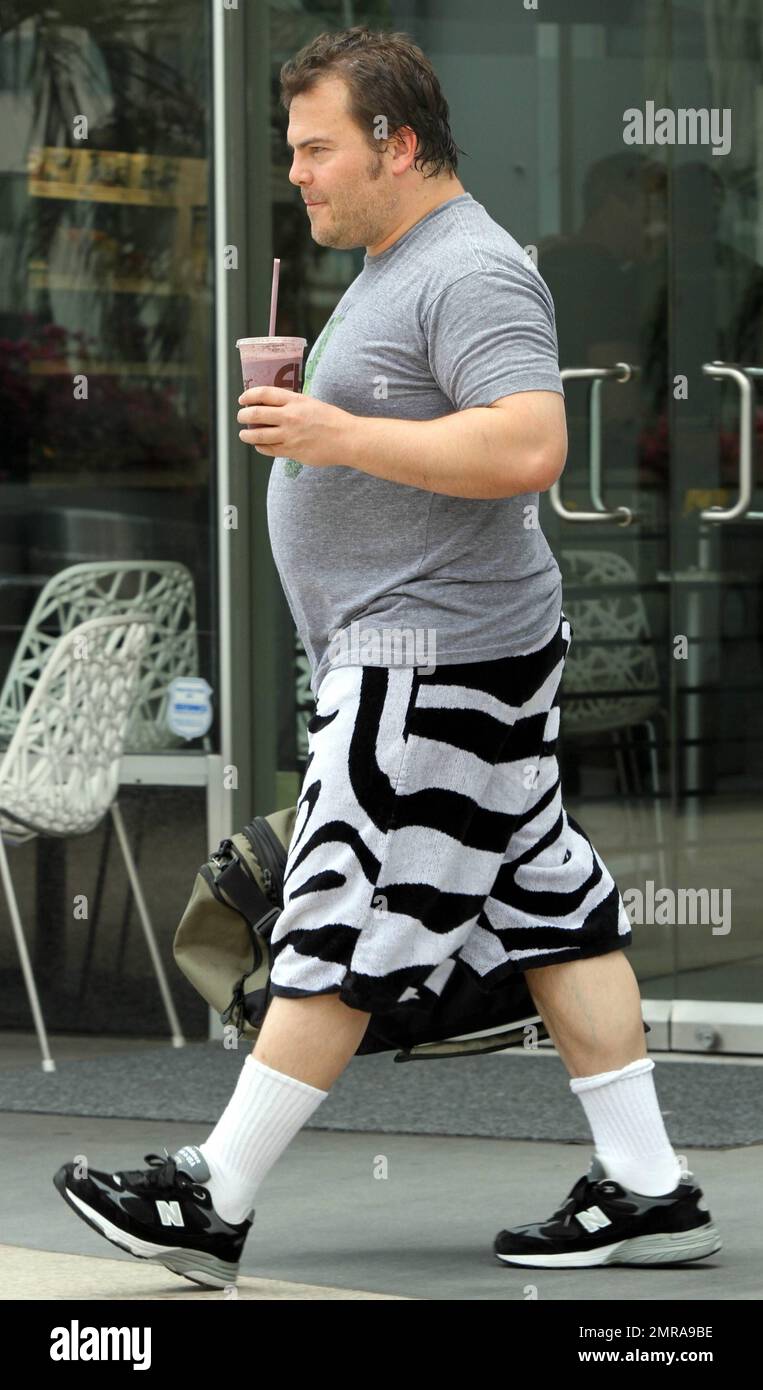 EXCLUSIVE!! Funny man Jack Black wears some funky patterned black and white  shorts as he leaves a local gym carrying a refreshing smoothie after a  workout. Black looked a bit more tame