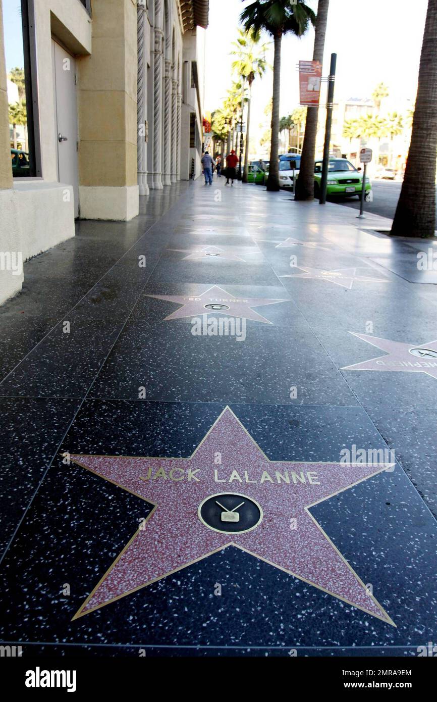 Fitness enthusiast Jack LaLanne's star on the Hollywood Walk of Fame, which he received in 2002.  LaLanne, who has been credited with starting the American fitness movement, passed away yesterday at the age of 96.  LaLanne was reportedly turned on to healthy living at the age of 15 after attending a lecture by nutritionist Paul Bragg.  Memorable stunts that Jack undertook in the 1950s included swimming the Golden Gate Channel towing a 2500-pound cabin cruiser and completing 1033 pushups in 23 minutes on TV. Los Angeles, CA. 01/24/11. Stock Photo