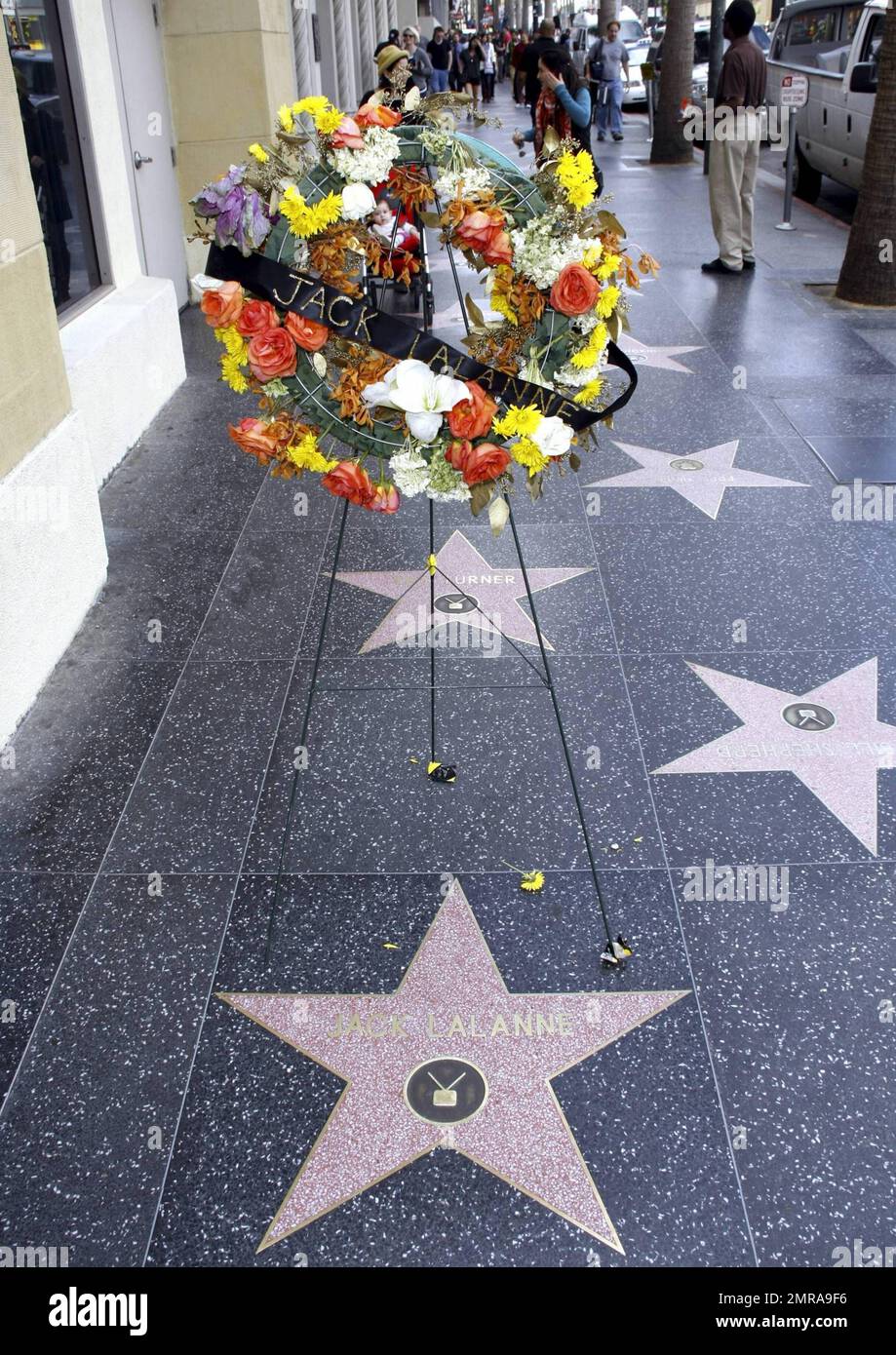 A wreath of flowers sits atop Jack Lalanne's star on the Hollywood Walk ...
