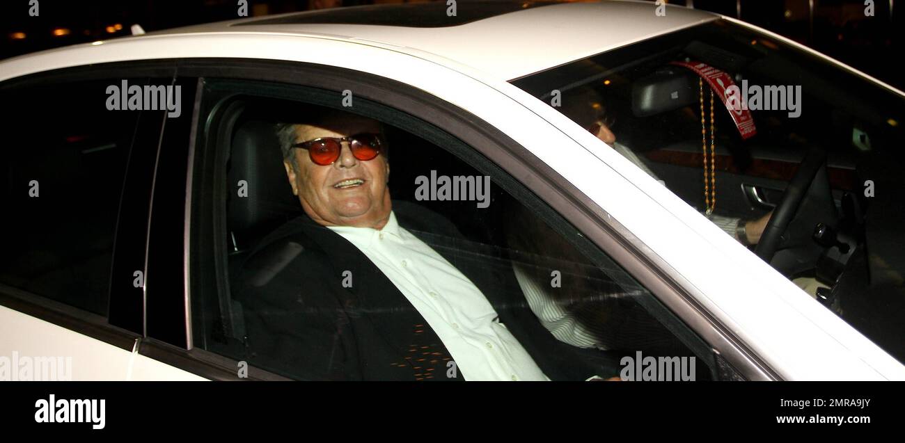Actor Jack Nicholson was spotted leaving Mr. Chow restaurant in Beverly Hills. According to reports, the classic horror movie 'The Shinning' in which Jack Nicholson delivered a chilling performance is set to  terrify viewers once again. Warner Bros. are allegedly working on a prequel to the original 1980 film which focus on a writer named Jack Torrance who uproots his family to take an off-season caretaker job at an isolated hotel. Los Angeles, CA. 2nd August 2012. Stock Photo