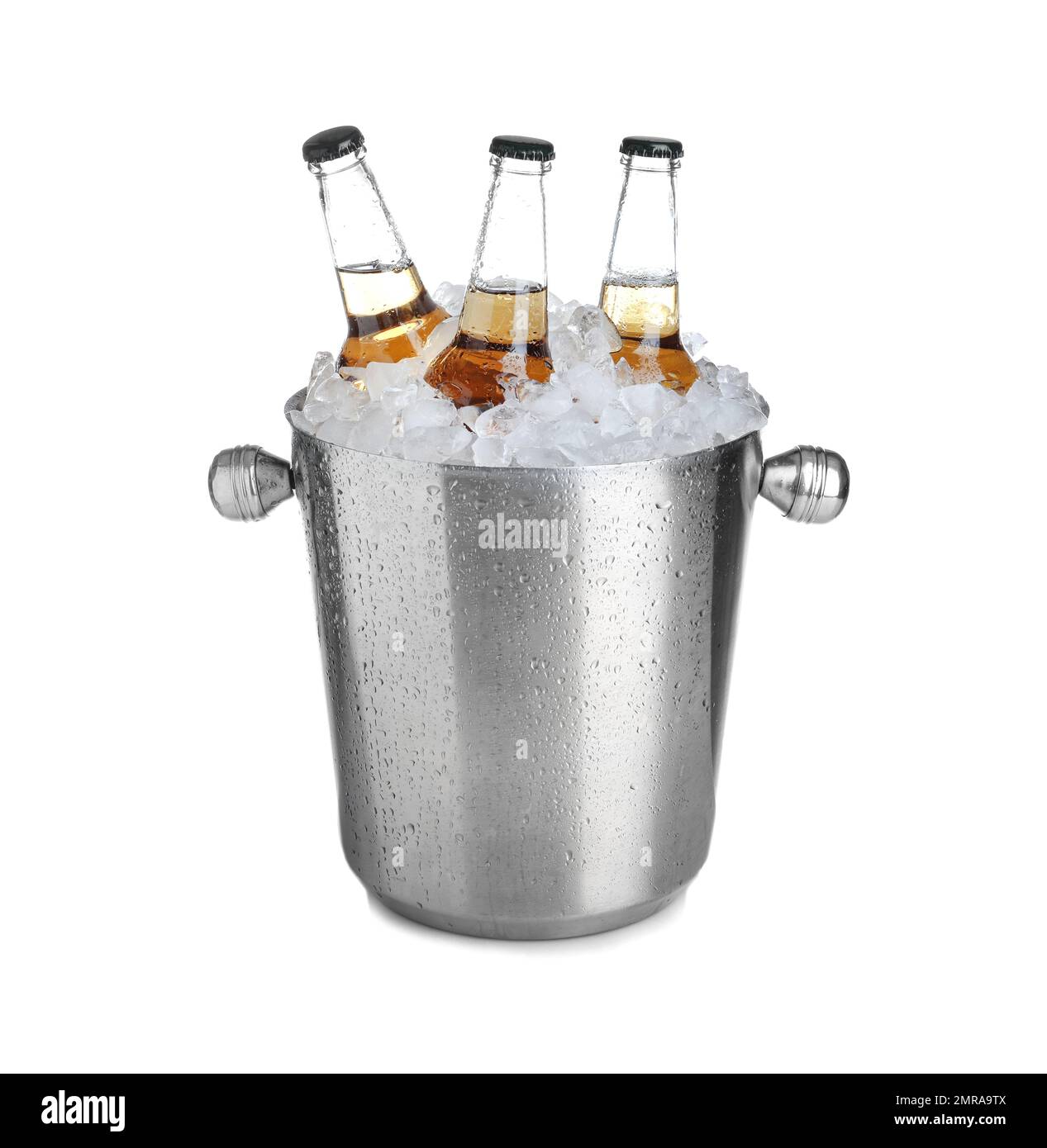 Beer in metal bucket with ice isolated on white Stock Photo Alamy