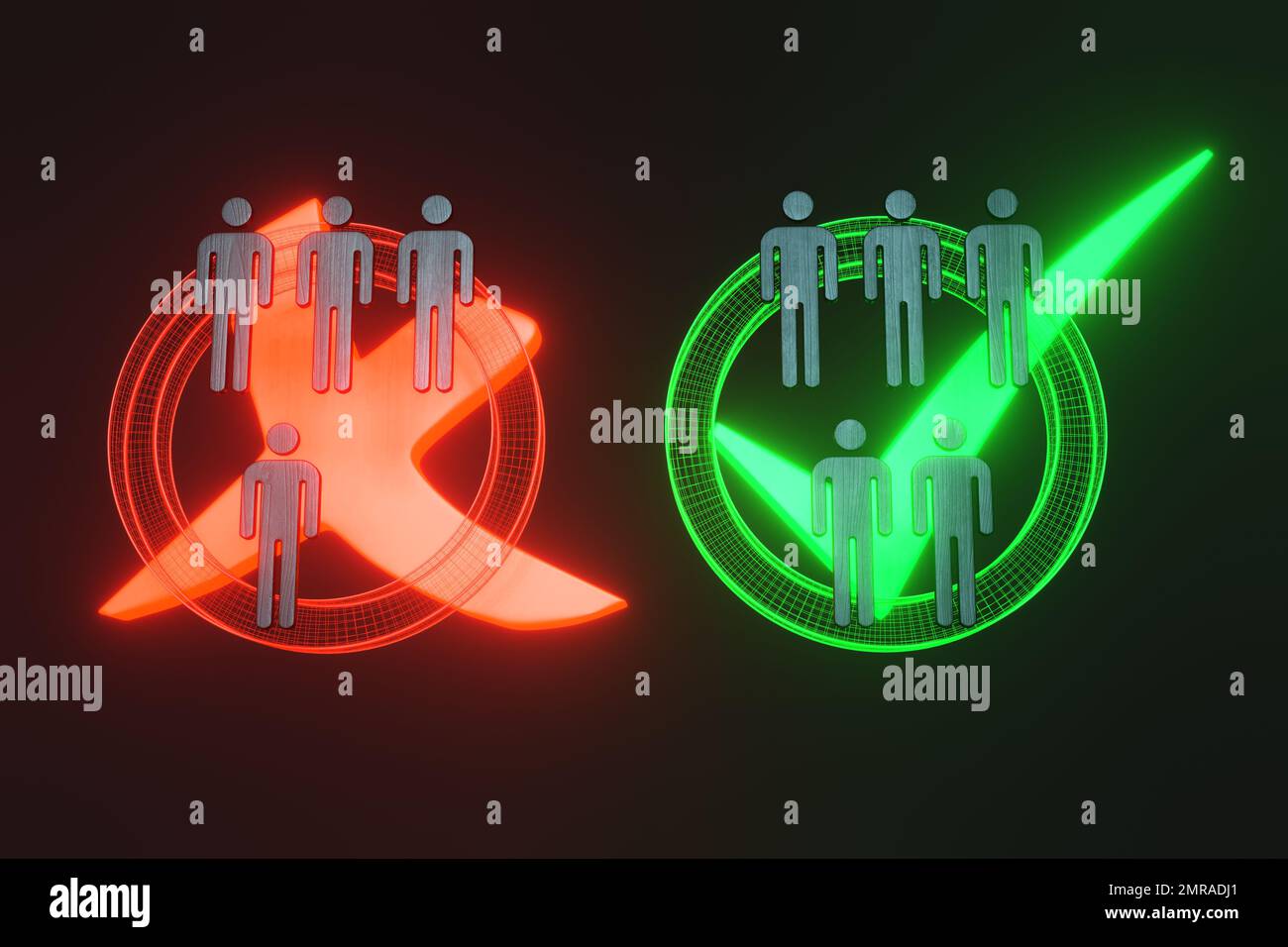 Black wooden board human being in front of a neon glowing red cross and a green tick. Concept of candidate selection, talent competition and election Stock Photo