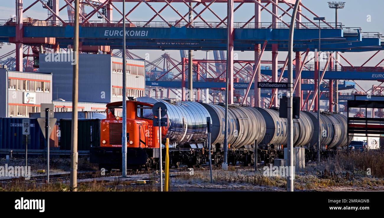 Locomotive transporting goods by rail, Eurokombi, Port of Hamburg ...