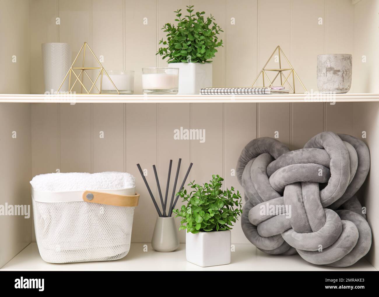 White shelving unit with plants and different decorative stuff Stock Photo