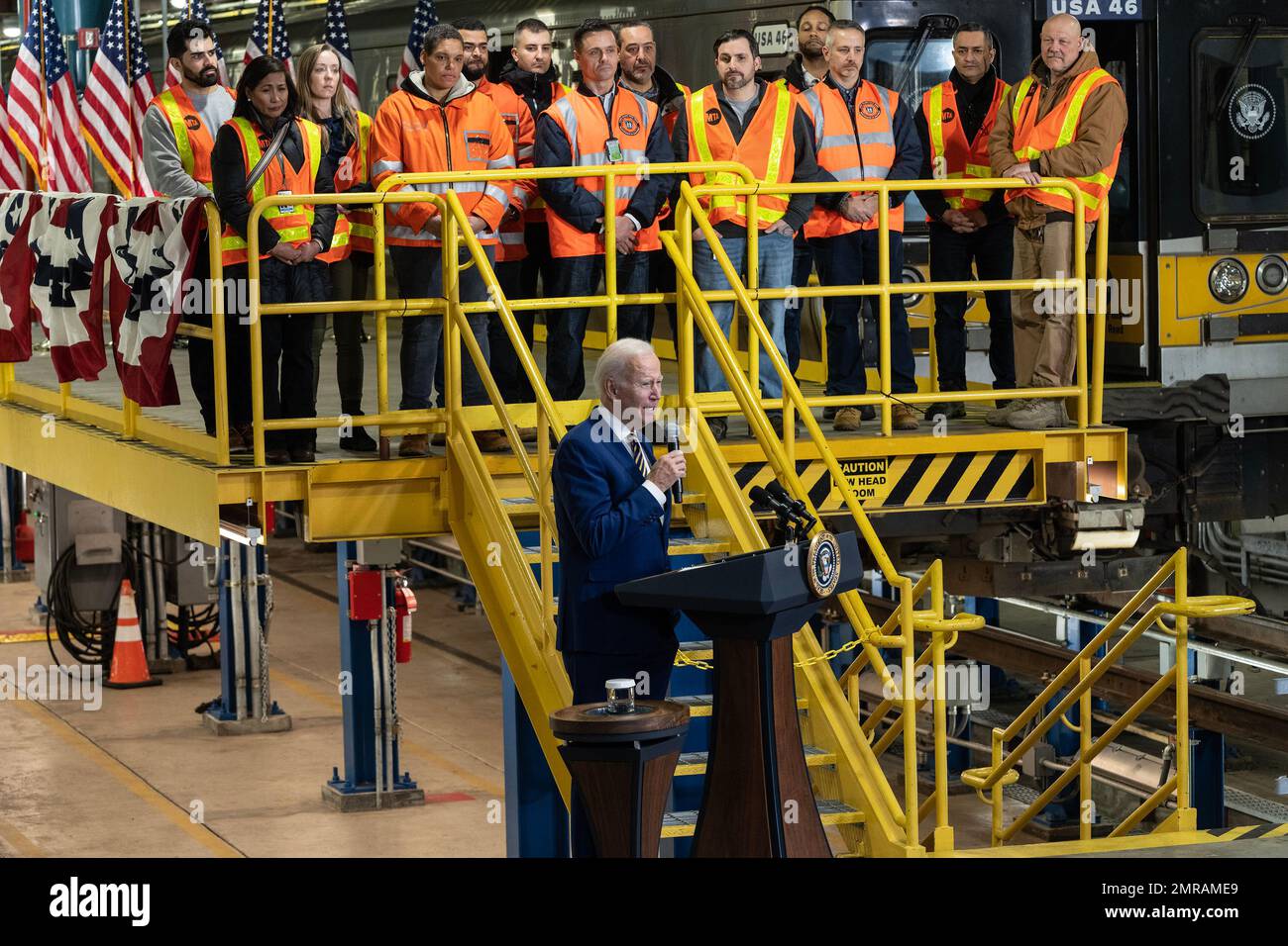 New York, USA. 31st Jan, 2023. President Joe Biden Jr. highlights Bipartisan Infrastructure Law funding for the Hudson River Tunnel project at West Side Yard gate in New York on January 31, 2023. (Photo by Lev Radin/Sipa USA) Credit: Sipa USA/Alamy Live News Stock Photo