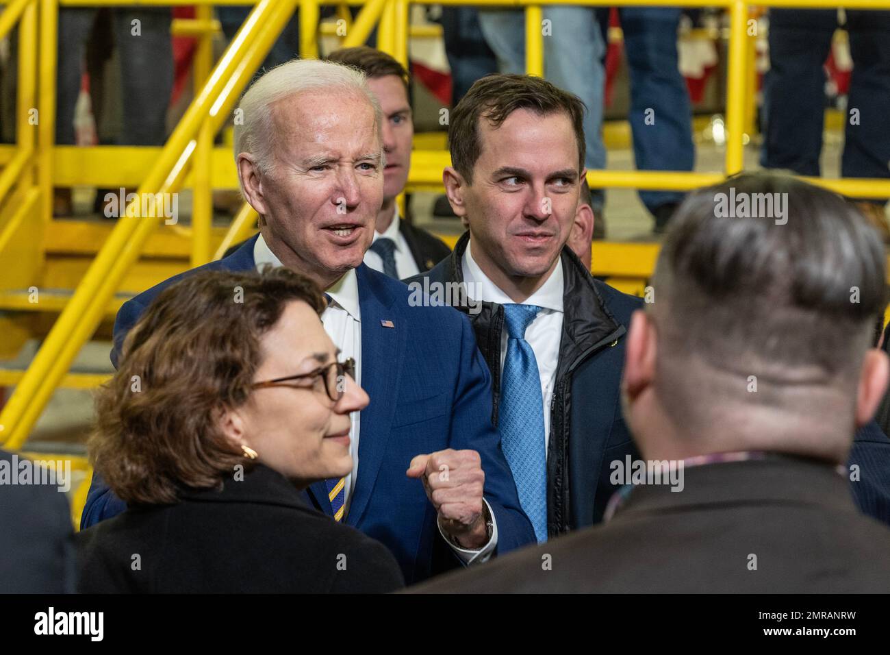 New York, USA. 31st Jan, 2023. President Joe Biden Jr. greets participants after delivering remarks to highlight Bipartisan Infrastructure Law funding for the Hudson River Tunnel project at West Side Yard gate in New York on January 31, 2023. (Photo by Lev Radin/Sipa USA) Credit: Sipa USA/Alamy Live News Stock Photo