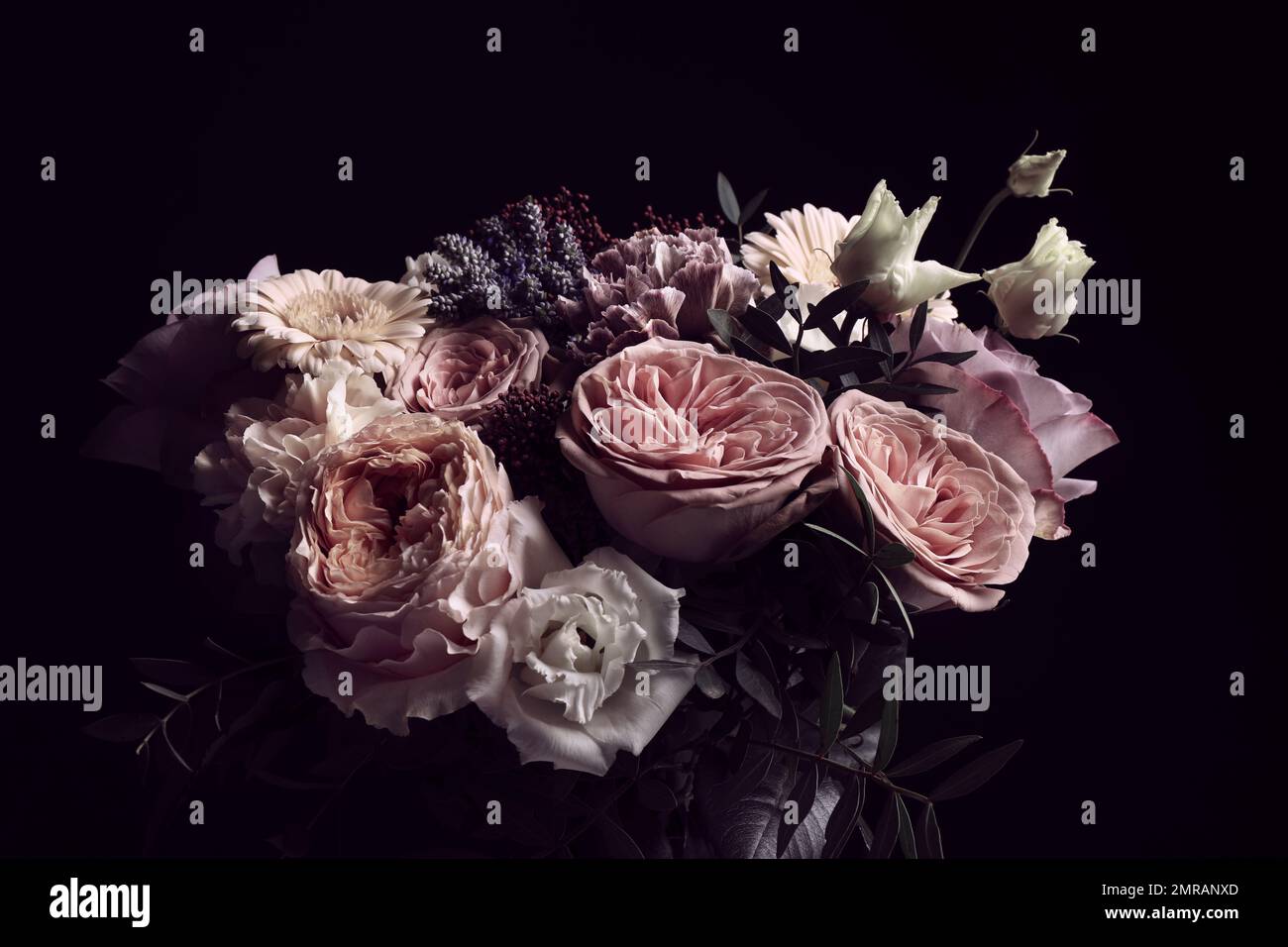 Beautiful bouquet on black background. Floral card design with dark ...