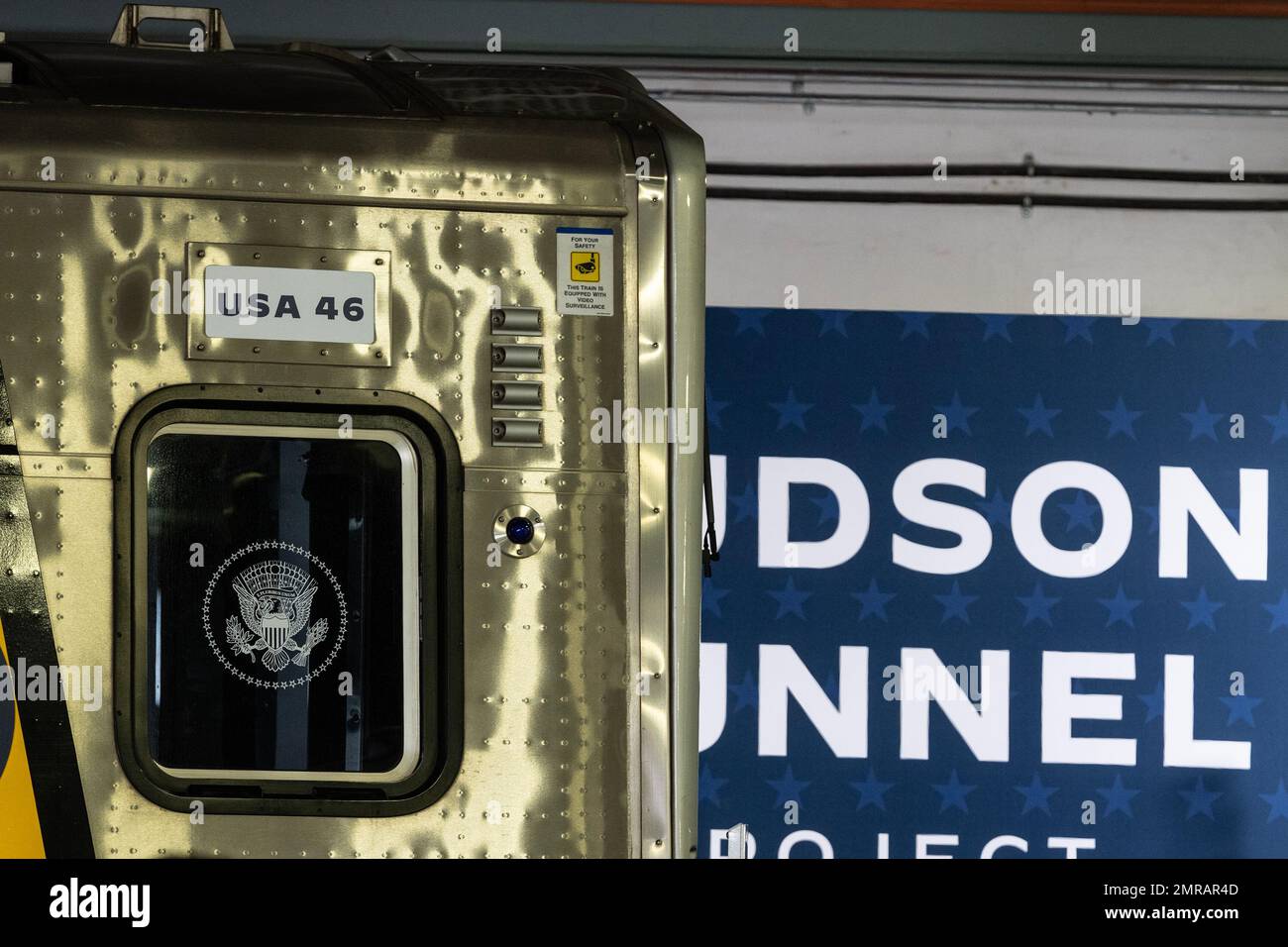 New York, USA. 31st Jan, 2023. Train car decorated for 46th President of the USA Joe Biden Jr. remarks to highlight Bipartisan Infrastructure Law funding for the Hudson River Tunnel project at West Side Yard gate in New York on January 31, 2023. (Photo by Lev Radin/Sipa USA) Credit: Sipa USA/Alamy Live News Stock Photo