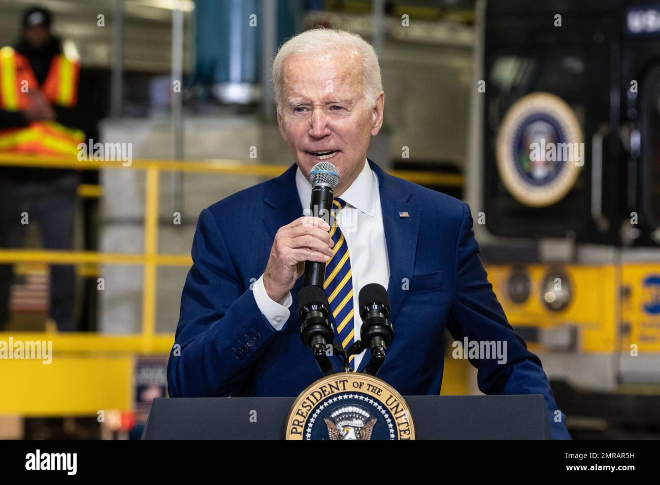 New York, USA. 31st Jan, 2023. President Joe Biden Jr. highlights Bipartisan Infrastructure Law funding for the Hudson River Tunnel project at West Side Yard gate in New York on January 31, 2023. (Photo by Lev Radin/Sipa USA) Credit: Sipa USA/Alamy Live News Stock Photo