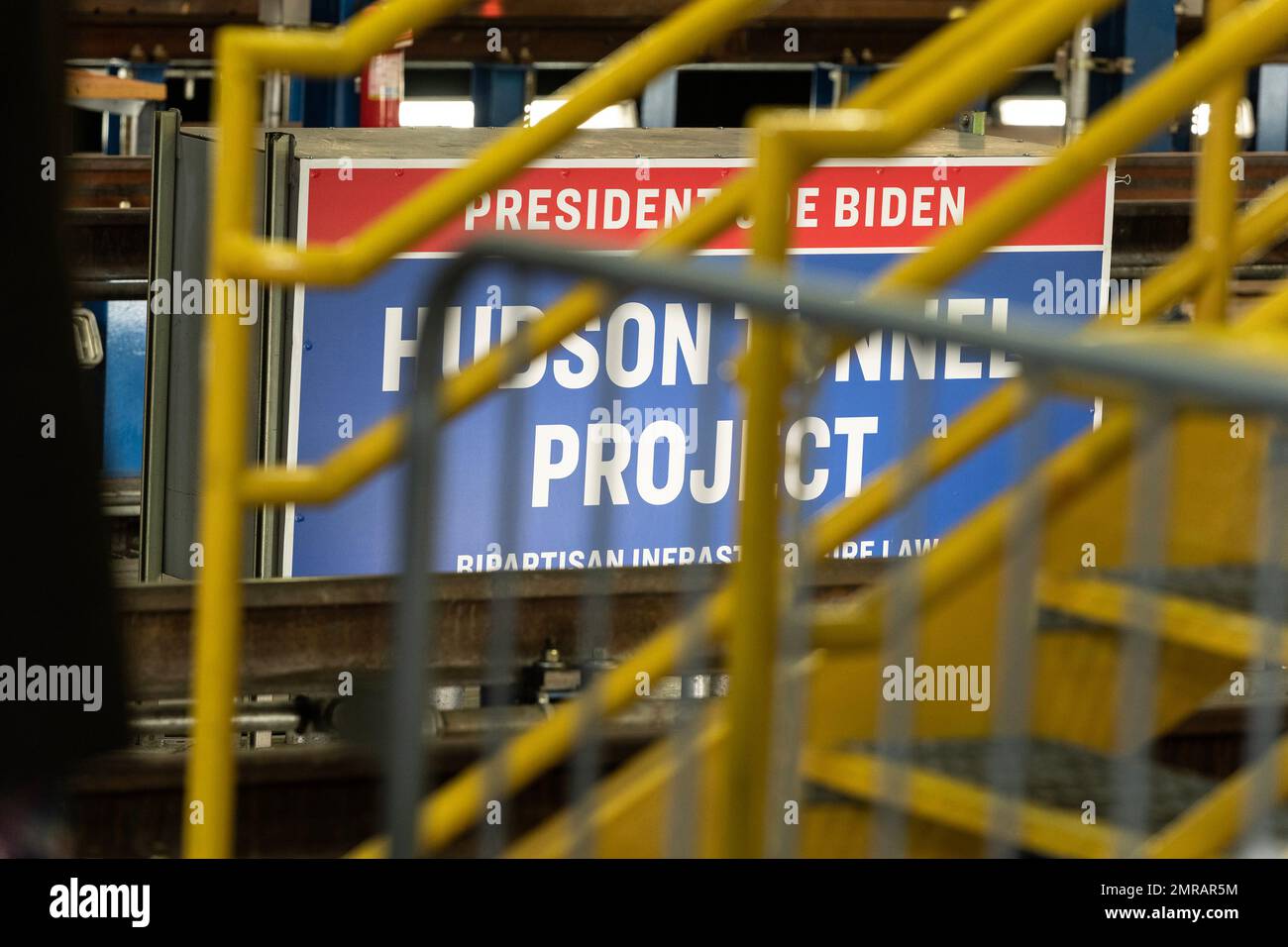 New York, USA. 31st Jan, 2023. Decoration for 46th President of the USA Joe Biden Jr. remarks to highlight Bipartisan Infrastructure Law funding for the Hudson River Tunnel project at West Side Yard gate in New York on January 31, 2023. (Photo by Lev Radin/Sipa USA) Credit: Sipa USA/Alamy Live News Stock Photo