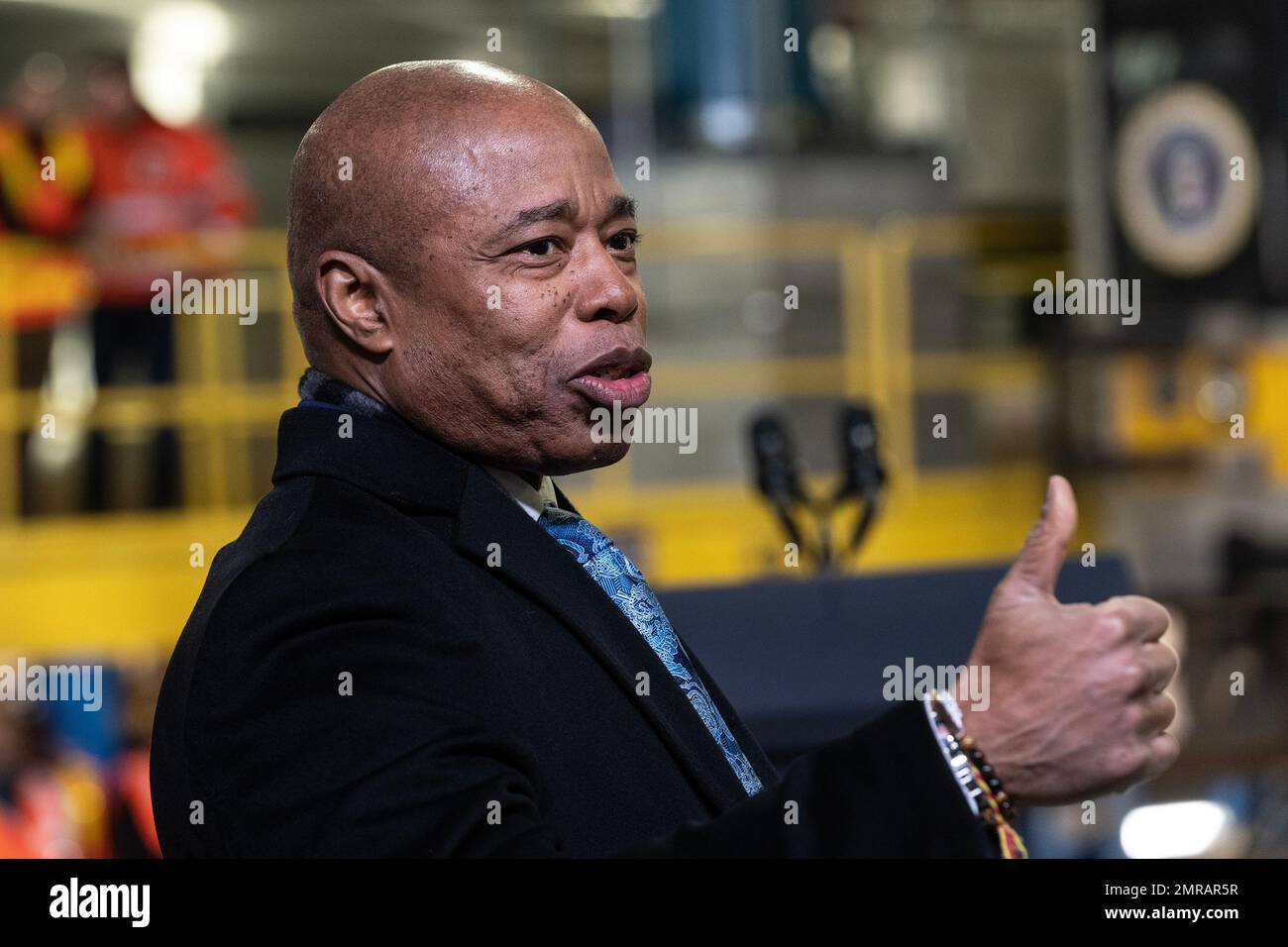 New York, USA. 31st Jan, 2023. Mayor Eric Adams attends President Joe Biden Jr. remarks to highlight Bipartisan Infrastructure Law funding for the Hudson River Tunnel project at West Side Yard gate in New York on January 31, 2023. (Photo by Lev Radin/Sipa USA) Credit: Sipa USA/Alamy Live News Stock Photo