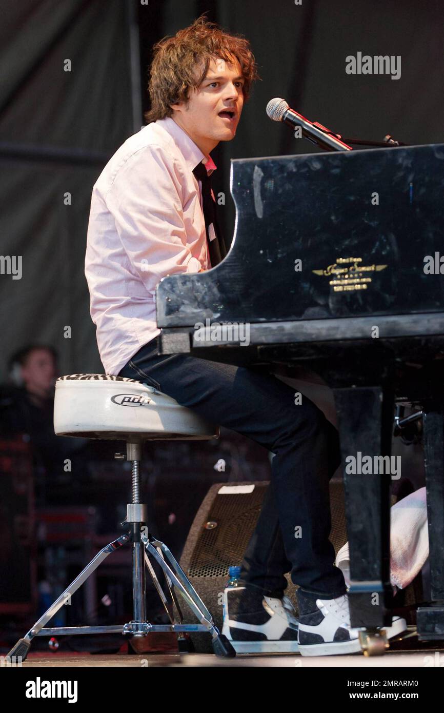 Pop jazz singer and "Must Be The Music" reality TV show judge Jamie Cullum  rips on his piano during a special concert held at Kenwood House in  Hampstead as part of the