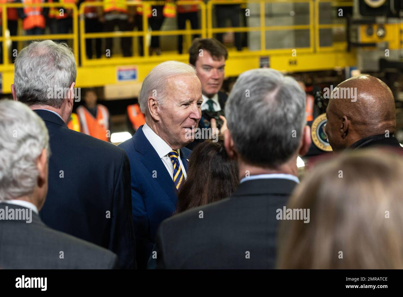 New York, USA. 31st Jan, 2023. President Joe Biden Jr. greets participants after delivering remarks to highlight Bipartisan Infrastructure Law funding for the Hudson River Tunnel project at West Side Yard gate in New York on January 31, 2023. (Photo by Lev Radin/Sipa USA) Credit: Sipa USA/Alamy Live News Stock Photo