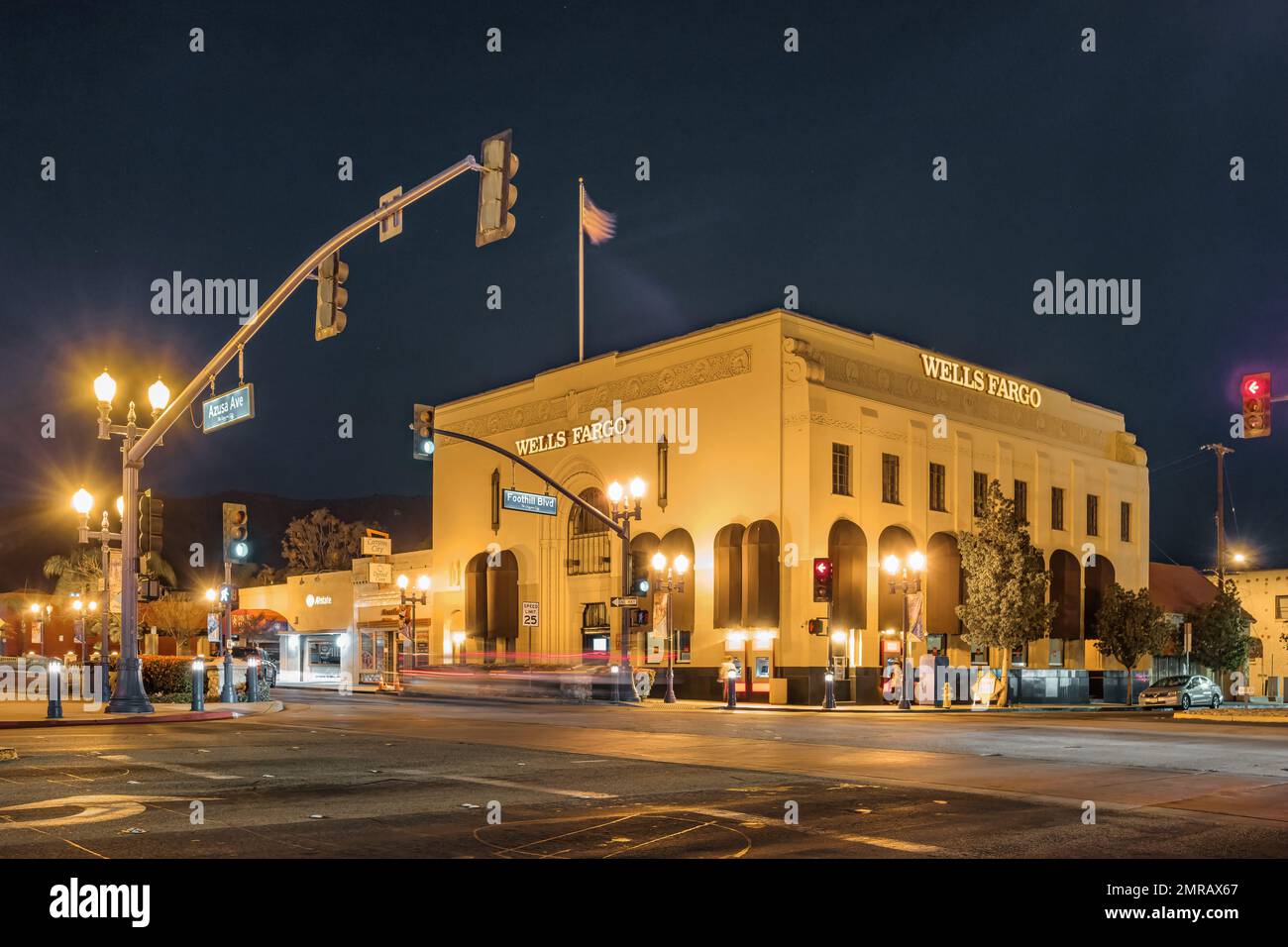 Downtown Azusa, California, USA at night. Stock Photo
