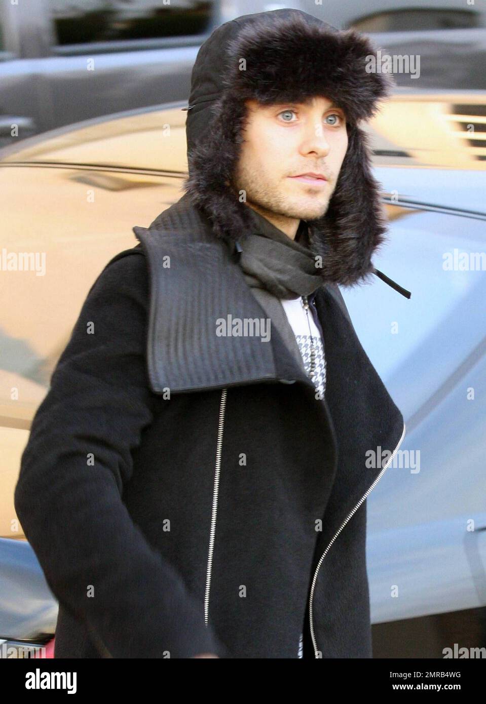 Jared Leto dons a furry winter hat for a trip out to Barneys New