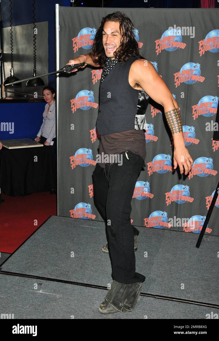 Jason Momoa promotes his starring role in 'Conan the Barbarian' with a hand print ceremony at Planet Hollywood in Times Square.  New York, NY. 18th August 2011. Stock Photo
