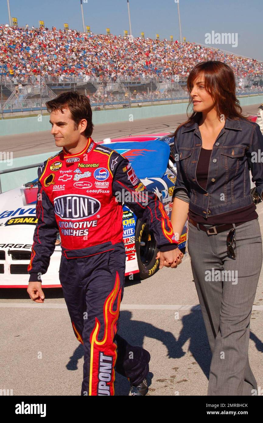 Race car driver Jeff Gordon and wife at the Ford 400 NASCAR NEXTEL Cup
